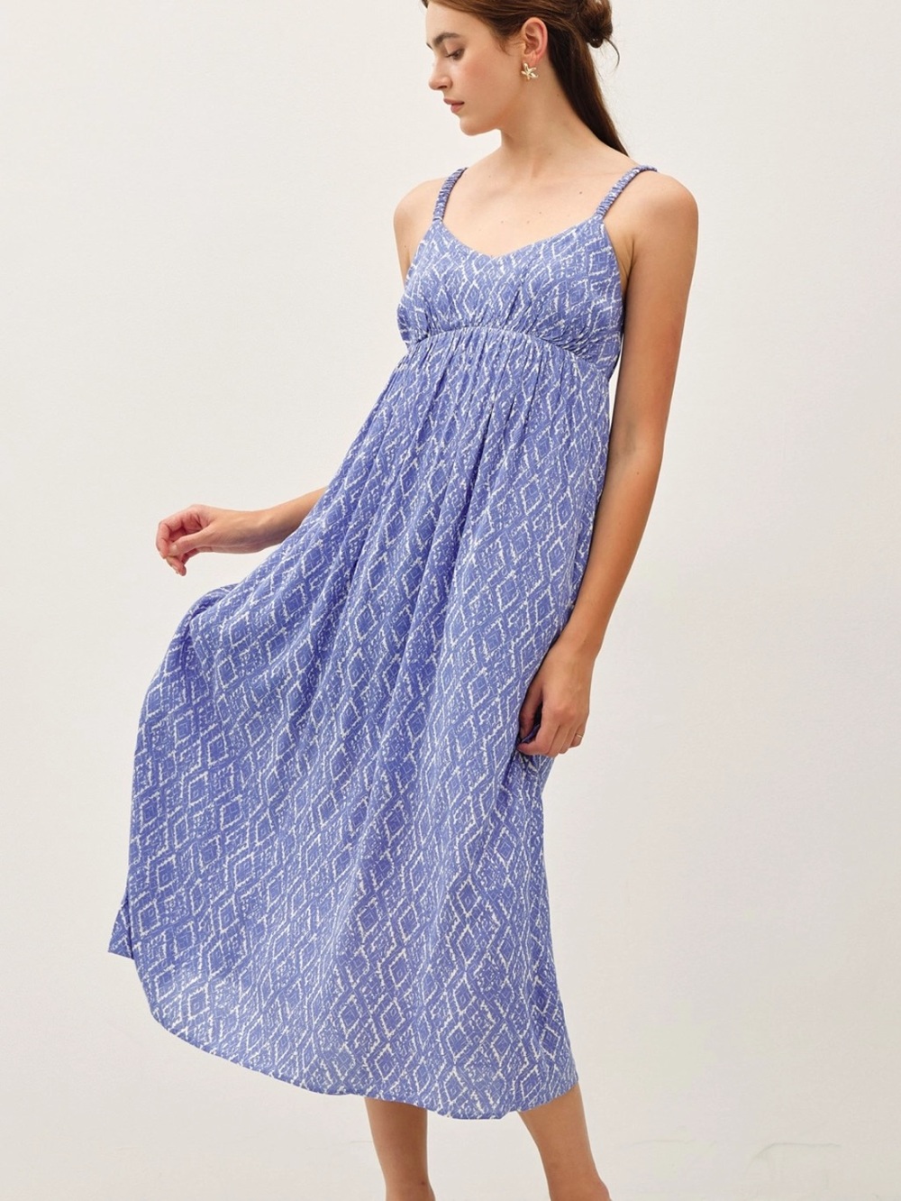 BE COOL Lavender-Blue Printed Smocked Midi Dress